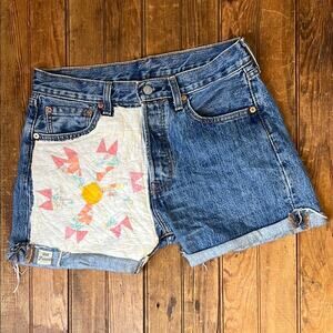 Vintage Levi’s Button fly Denim remade by hand Patchwork Women Shorts size small